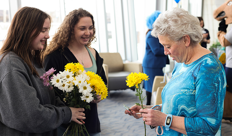 Students and flowers