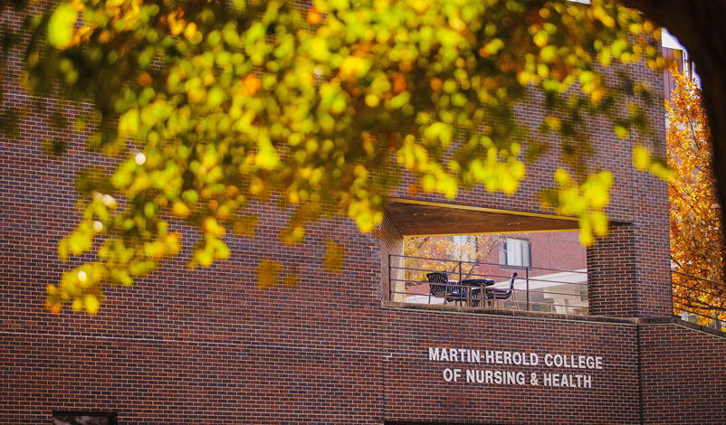 Martin-Herold College of Nursing & Health signage outside of Donnelly Center on Mount Mercy main campus