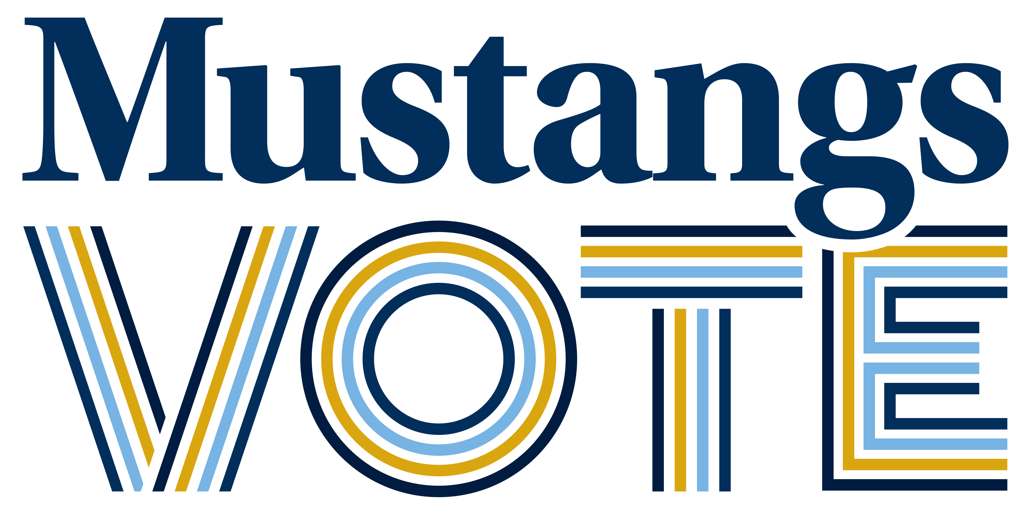 A blue and yellow logo reading Mustangs Vote.