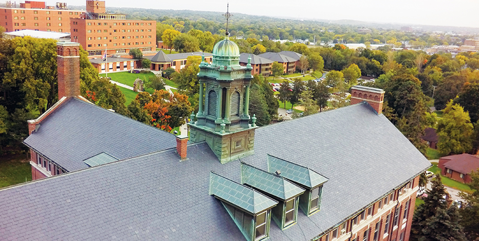 An aerial view of Warde Hall, overlooking the main campus