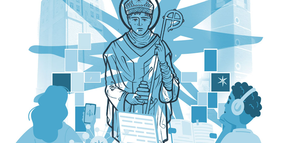 illustration of St. Ambrose surrounded by the younger generation