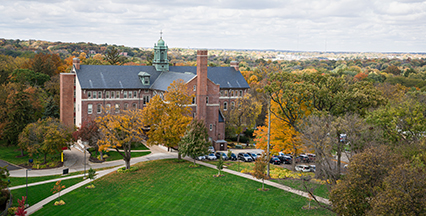 An aerial image of Warde Hall on mount Mercy campus