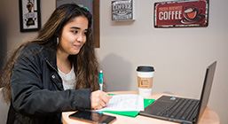 A woman looking at a computer